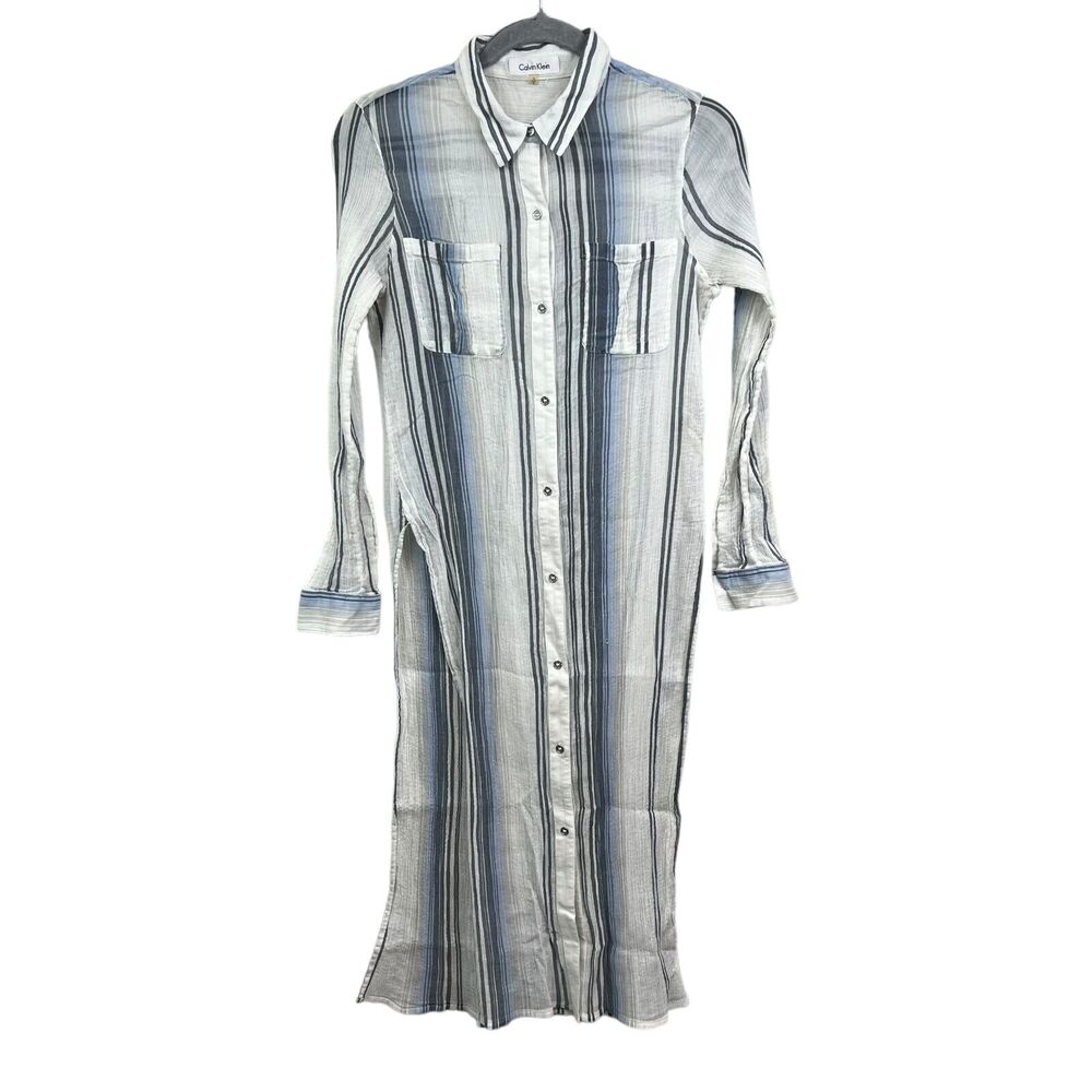 Calvin Klein Womens Blouse Top Striped Long Roll Tab Sleeves Blue White Size S*